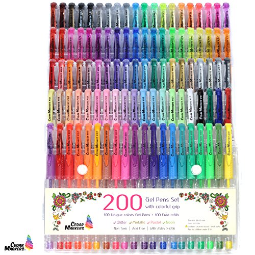 Cedar Markers Gel Pens. 200 Set 100 Pens Plus 100 Refills. Color Pens with Grip. Neon, Glitter, Metallic, Pastel Colors No Duplicates. Drawing Pens for Bullet Journal.