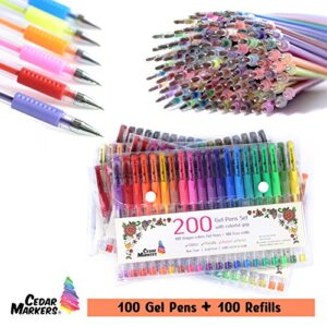 Cedar Markers Gel Pens. 200 Set 100 Pens Plus 100 Refills. Color Pens with Grip. Neon, Glitter, Metallic, Pastel Colors No Duplicates. Drawing Pens for Bullet Journal.
