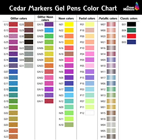Cedar Markers Gel Pens. 200 Set 100 Pens Plus 100 Refills. Color Pens with Grip. Neon, Glitter, Metallic, Pastel Colors No Duplicates. Drawing Pens for Bullet Journal.