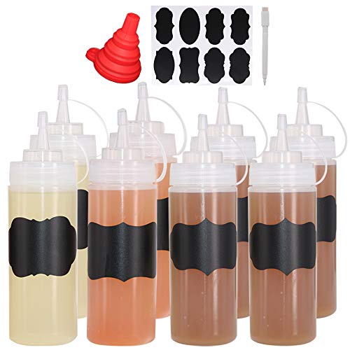 Belinlen 8 Pack 12 oz Plastic Squeeze Squirt Condiment Bottles with Twist On Cap Lids - Perfect for Condiments, Oil, Icing, Liquids–Set of 8 with extra 1 Silicone Funnel, 8 Chalk Labels and 1 Pen