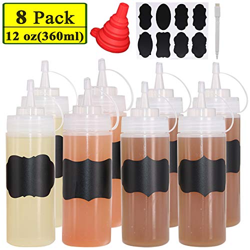 Belinlen 8 Pack 12 oz Plastic Squeeze Squirt Condiment Bottles with Twist On Cap Lids - Perfect for Condiments, Oil, Icing, Liquids–Set of 8 with extra 1 Silicone Funnel, 8 Chalk Labels and 1 Pen