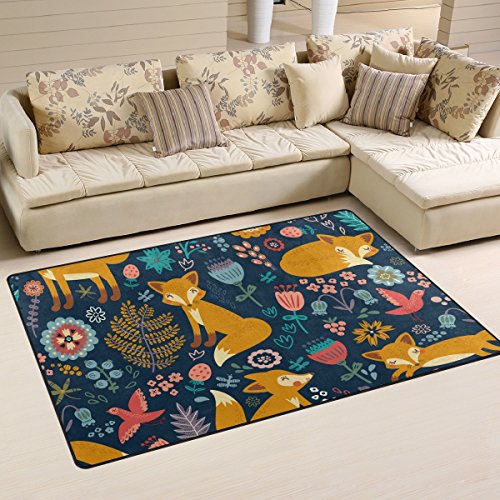 WellLee Area Rug,Cute Cartoon Forest Fox Floor Rug Non-Slip Doormat for Living Dining Dorm Room Bedroom Decor 60x39 Inch