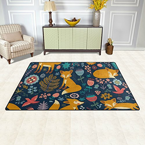 WellLee Area Rug,Cute Cartoon Forest Fox Floor Rug Non-Slip Doormat for Living Dining Dorm Room Bedroom Decor 60x39 Inch