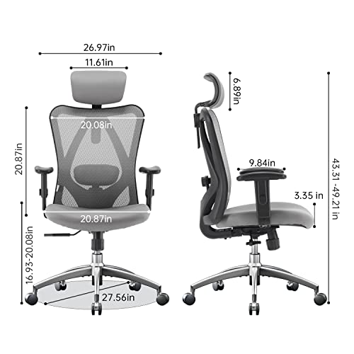 SIHOO M18 Ergonomic Office Chair for Big and Tall People Adjustable Headrest with 2D Armrest Lumbar Support and PU Wheels Swivel Tilt Function Grey