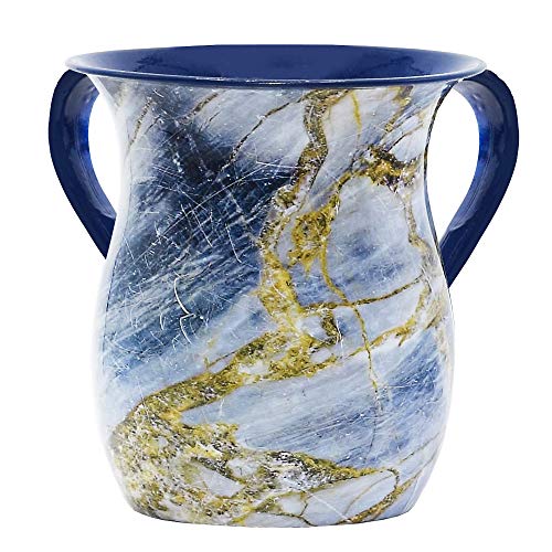 Stainless Steel Netilat Yadayim Cup – Blue and Gold Stone Painted Design - Looks Like Ceramic - Rust, Break and Crack Proof Negel Vasser Cup - Judaica Gift Collection by The Kosher Cook