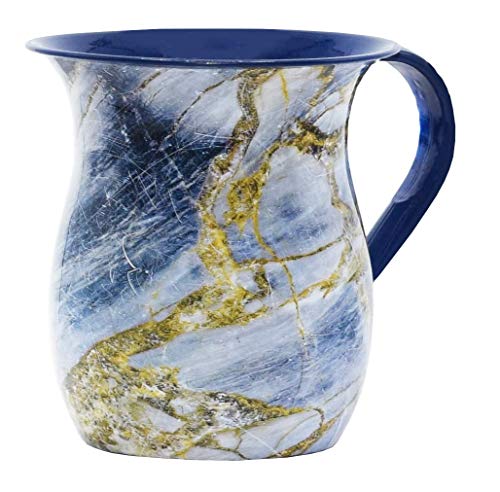 Stainless Steel Netilat Yadayim Cup – Blue and Gold Stone Painted Design - Looks Like Ceramic - Rust, Break and Crack Proof Negel Vasser Cup - Judaica Gift Collection by The Kosher Cook