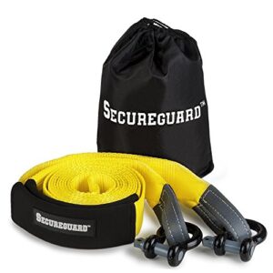 secureguard recovery tow strap - 20 feet long | extra heavy duty tow rope with 30,000 lbs of strength | reinforced eye hoops | steel u-hooks for reliable towing | with durable carrying bag for storage