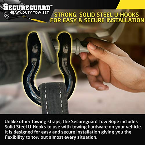 Secureguard Recovery Tow Strap - 20 Feet Long | Extra Heavy Duty Tow Rope with 30,000 lbs of Strength | Reinforced Eye Hoops | Steel U-Hooks for Reliable Towing | With Durable Carrying Bag for Storage