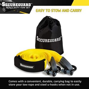 Secureguard Recovery Tow Strap - 20 Feet Long | Extra Heavy Duty Tow Rope with 30,000 lbs of Strength | Reinforced Eye Hoops | Steel U-Hooks for Reliable Towing | With Durable Carrying Bag for Storage