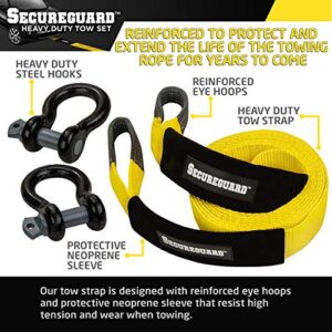 Secureguard Recovery Tow Strap - 20 Feet Long | Extra Heavy Duty Tow Rope with 30,000 lbs of Strength | Reinforced Eye Hoops | Steel U-Hooks for Reliable Towing | With Durable Carrying Bag for Storage