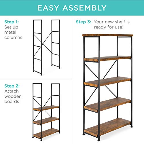 Best Choice Products 5-Tier Rustic Industrial Bookshelf Display Décor Accent for Living Room, Bedroom, Office w/Metal Frame, Wood Shelves - Brown