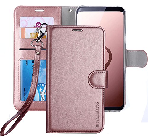 ERAGLOW Galaxy S9 Wallet Case, Galaxy S9 Case, Premium PU Leather Wallet Flip Protective Case Cover with Card Slots and Kickstand for Samsung Galaxy S9 (Rose Gold)