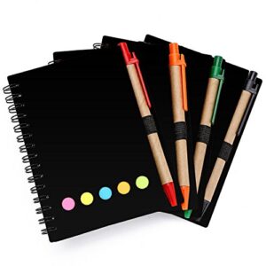 TOODOO 4 Packs 4.5 by 5.5 inch Spiral Notebook Lined Notepad with Pen in Holder and Sticky Notes, Page Marker Colored Index Tabs Flags (Black Cover)