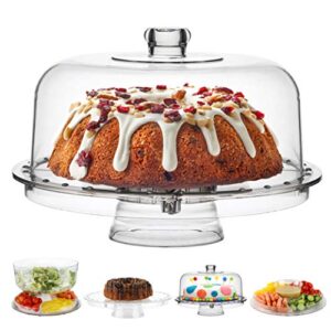 homeries acrylic cake stand with dome cover (6 in 1) multi-functional serving platter and cake plate - use as cake holder, salad bowl, platter, punch bowl, desert platter, nachos & salsa plate,