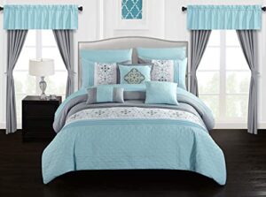 chic home emily 20 piece comforter set color block floral embroidered bag bedding, queen aqua blue