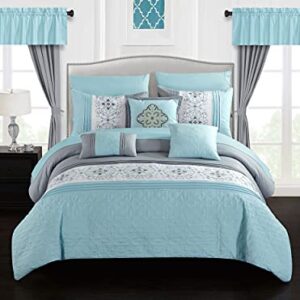 Chic Home Emily 20 Piece Comforter Set Color Block Floral Embroidered Bag Bedding, Queen Aqua Blue