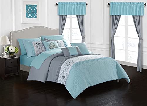 Chic Home Emily 20 Piece Comforter Set Color Block Floral Embroidered Bag Bedding, Queen Aqua Blue