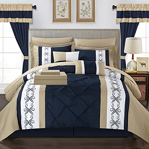 Chic Home Icaria 20 Piece Comforter Set Color Block Pinch Pleat Pintuck Design Bag Bedding, Queen, Navy