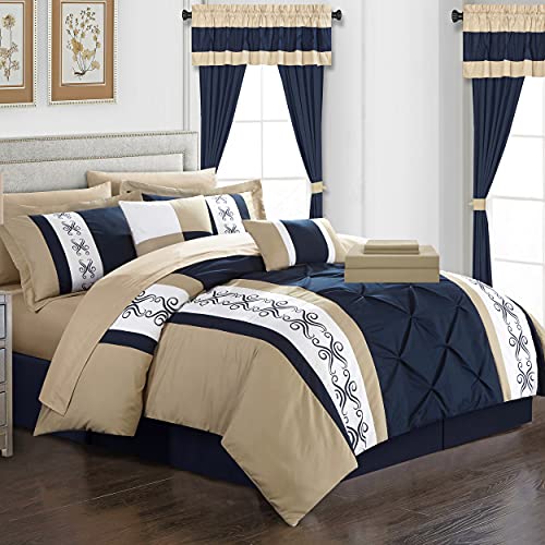 Chic Home Icaria 20 Piece Comforter Set Color Block Pinch Pleat Pintuck Design Bag Bedding, Queen, Navy