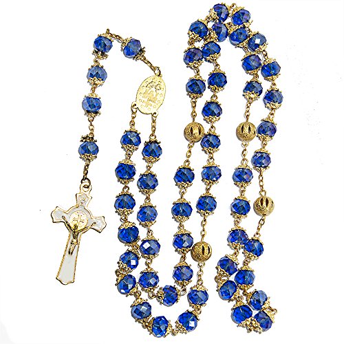 St Benedict Gold Plated Deep Blue Crystals Rosary Beads Miraculous Medal Catholic