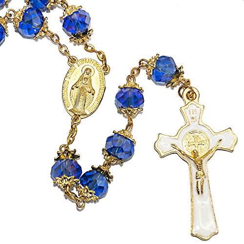 St Benedict Gold Plated Deep Blue Crystals Rosary Beads Miraculous Medal Catholic