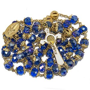 St Benedict Gold Plated Deep Blue Crystals Rosary Beads Miraculous Medal Catholic