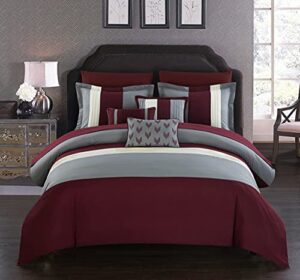 chic home ayelet 10 piece comforter set color block ruffled bag bedding, queen, burgundy