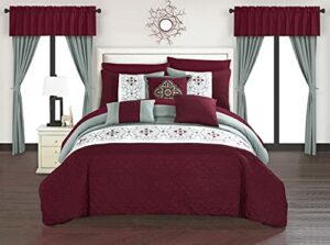 chic home bcs06738-an emily 20 piece comforter set color block floral embroidered bag bedding, king, burgundy