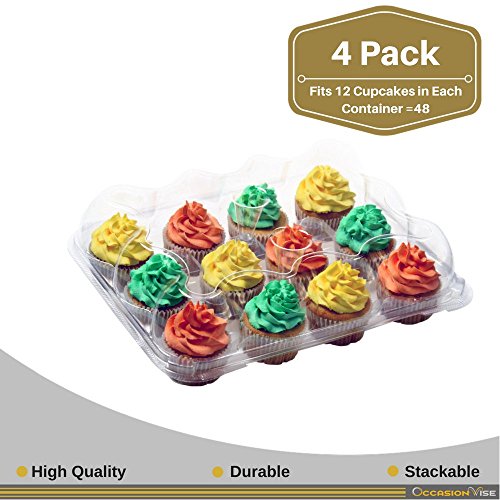 OccasionWise Premium Large Clear Cupcake Boxes with 12 Compartments | Durable Cup Cake Container/Holder to Keep Your Cupcakes or Muffins Delicious and Fresh Longer | Pack of 4