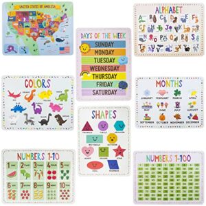 8-pack reversible classroom wall posters 22" x 17" - learn the alphabet, colors, days, months, numbers, shapes, & usa map - educational posters by pint-size scholars