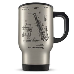 saxophone travel mug for men and women - saxophone coffee cup for music teacher or sax player - best jazz themed gift idea - cool dizzy gillespie invention patent