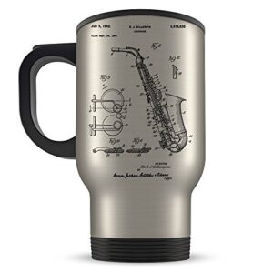 Saxophone Travel Mug for Men and Women - Saxophone Coffee Cup for Music Teacher or Sax Player - Best Jazz Themed Gift Idea - Cool Dizzy Gillespie Invention Patent