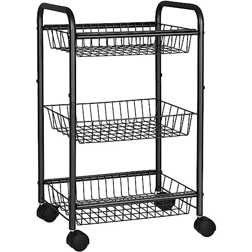 SONGMICS 3-Tier Metal Rolling Cart, Storage Cart with Removable Baskets, Utility Cart with Wheels and Handle, for Kitchen, Bathroom, Laundry Room, Black, UBSC03BK