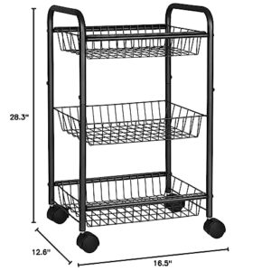 SONGMICS 3-Tier Metal Rolling Cart, Storage Cart with Removable Baskets, Utility Cart with Wheels and Handle, for Kitchen, Bathroom, Laundry Room, Black, UBSC03BK