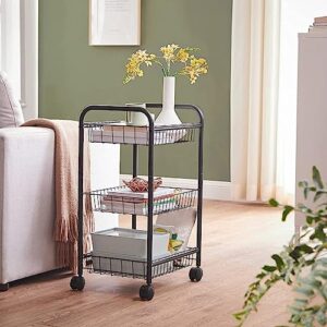 SONGMICS 3-Tier Metal Rolling Cart, Storage Cart with Removable Baskets, Utility Cart with Wheels and Handle, for Kitchen, Bathroom, Laundry Room, Black, UBSC03BK