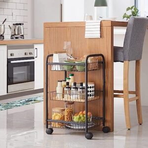 SONGMICS 3-Tier Metal Rolling Cart, Storage Cart with Removable Baskets, Utility Cart with Wheels and Handle, for Kitchen, Bathroom, Laundry Room, Black, UBSC03BK