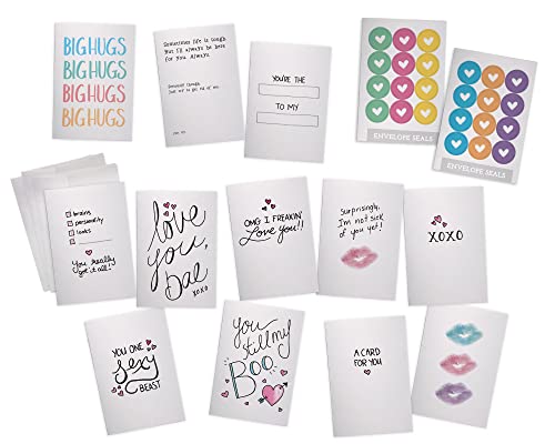 Romantic & Funny Love Notes Card Set - 24 Cards with Envelopes & Sticker Seals - 12 Cute & Sassy Designs for Valentines Day & Anniversaries