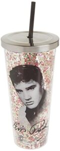 spoontiques - glitter filled acrylic tumbler - glitter cup with straw - 20 oz - stainless steel locking lid with straw - double wall insulated - bpa free - elvis presley
