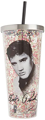 Spoontiques - Glitter Filled Acrylic Tumbler - Glitter Cup with Straw - 20 oz - Stainless Steel Locking Lid with Straw - Double Wall Insulated - BPA Free - Elvis Presley