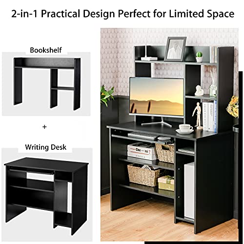 Tangkula Computer Desk with Hutch, Home Office Desk with Keyboard Tray & CPU Stand, Space Saving Study Writing Desk with Storage Bookshelves, Desk Workstation with Hutch for Bedroom, Black