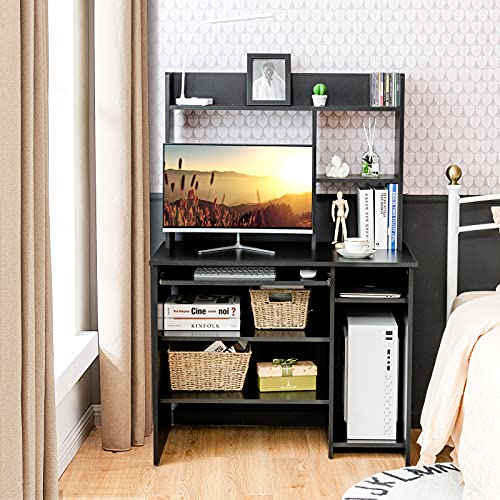 Tangkula Computer Desk with Hutch, Home Office Desk with Keyboard Tray & CPU Stand, Space Saving Study Writing Desk with Storage Bookshelves, Desk Workstation with Hutch for Bedroom, Black