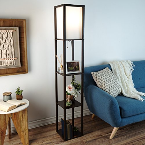 Floor Lamp-Etagere Style Tall Standing with Shade LED Light Bulb Included-3 Tiers Storage Shelving for Accent Decor Organization-by Lavish Home(Brown) 10.25"x10.25"x62.75"