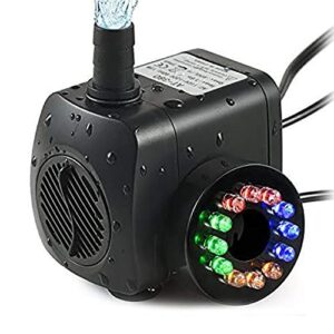 topbry 220 gph submersible water pump(800l/h, 15w),ultra quiet 12 led colorful pump lights with 2 nozzles,6 feet power cord for fish tank, pond, aquarium, statuary, hydroponics