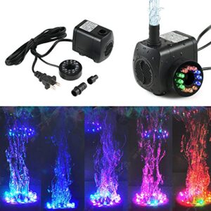 TOPBRY 220 GPH Submersible Water Pump(800L/H, 15W),Ultra Quiet 12 LED Colorful Pump Lights with 2 Nozzles,6 Feet Power Cord for Fish Tank, Pond, Aquarium, Statuary, Hydroponics