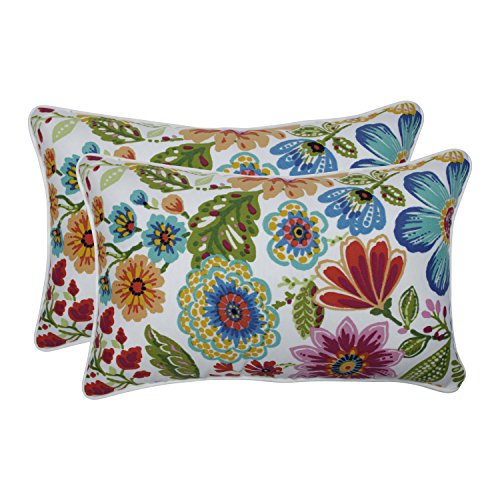 Pillow Perfect Bright Floral Outdoor Throw Accent Pillow, Plush Fill, Weather, and Fade Resistant, Small Lumbar - 11.5" x 18.5", Blue/Purple Gregoire, 2 Count