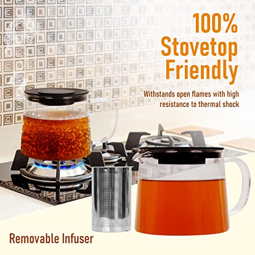 Glass Teapot with Tea Infuser - Stovetop Safe Clear Glass Teapot with Removable Strainer - Perfect for Blooming Tea, Loose Leaf and Other Herbal Teas