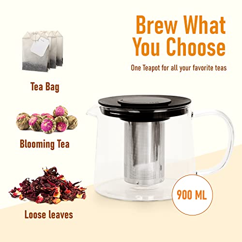 Glass Teapot with Tea Infuser - Stovetop Safe Clear Glass Teapot with Removable Strainer - Perfect for Blooming Tea, Loose Leaf and Other Herbal Teas