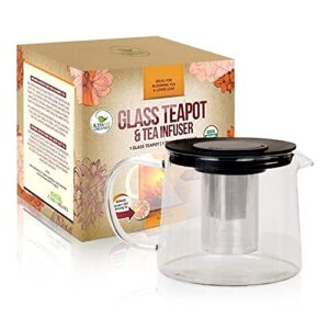 Glass Teapot with Tea Infuser - Stovetop Safe Clear Glass Teapot with Removable Strainer - Perfect for Blooming Tea, Loose Leaf and Other Herbal Teas