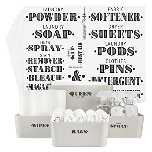 Talented Kitchen 138 Laundry Room Labels for Glass Jars and Containers, Preprinted Bold Farmhouse Stickers for Linen Closet, Bathroom and Home Office Organization, 4 Sizes