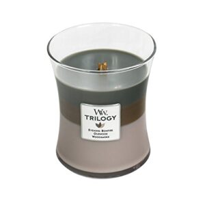 woodwick trilogy cozy cabin, 3-in-1 highly scented candle, classic hourglass jar, medium 4-inch, 9.7 oz